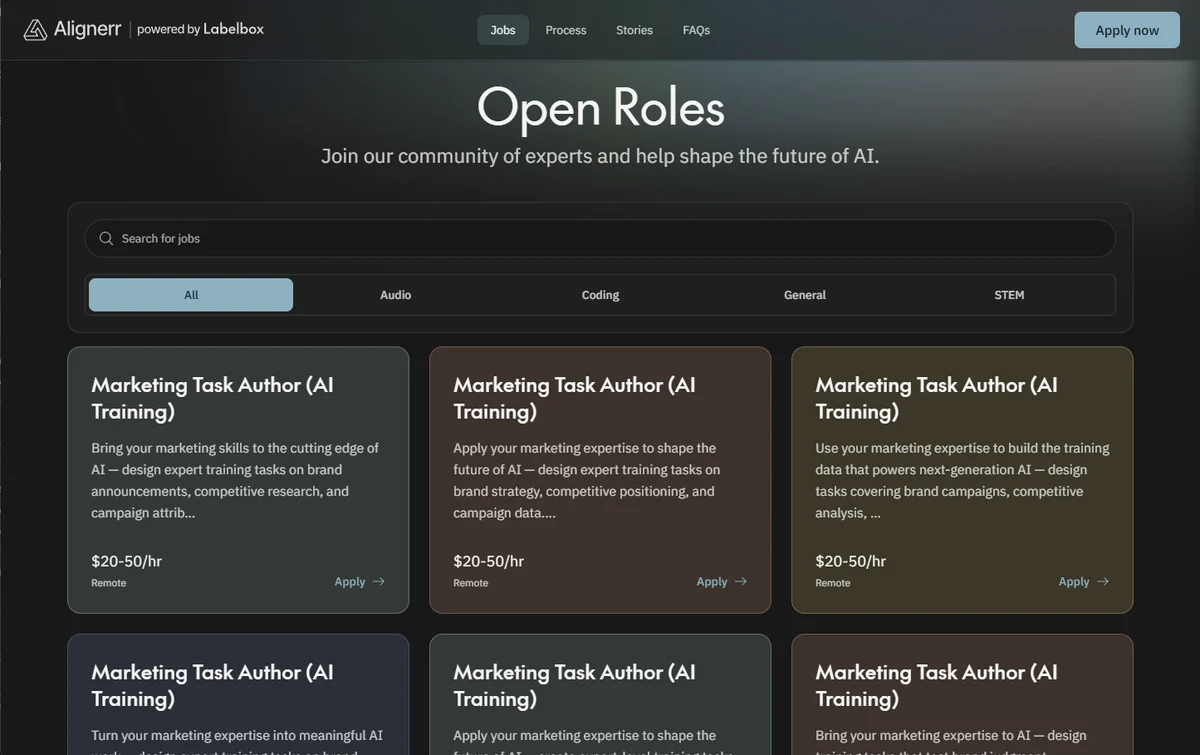 Alignerr open roles job board showing Marketing Task Author AI Training listings at 20 to 50 dollars per hour, with filter tabs for Audio, Coding, General and STEM