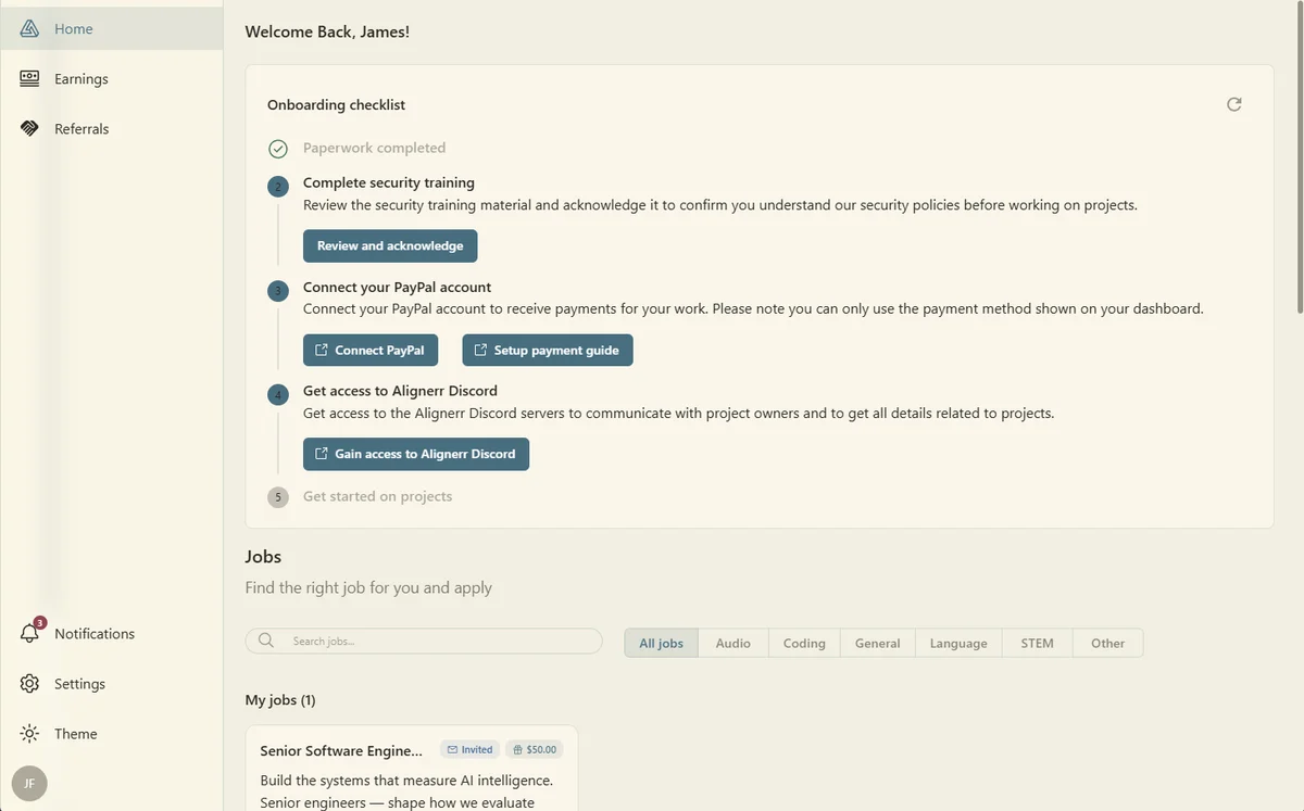 Alignerr onboarding checklist showing paperwork completed, security training, connect your PayPal account with a note that you can only use the payment method shown on your dashboard, and get access to Alignerr Discord