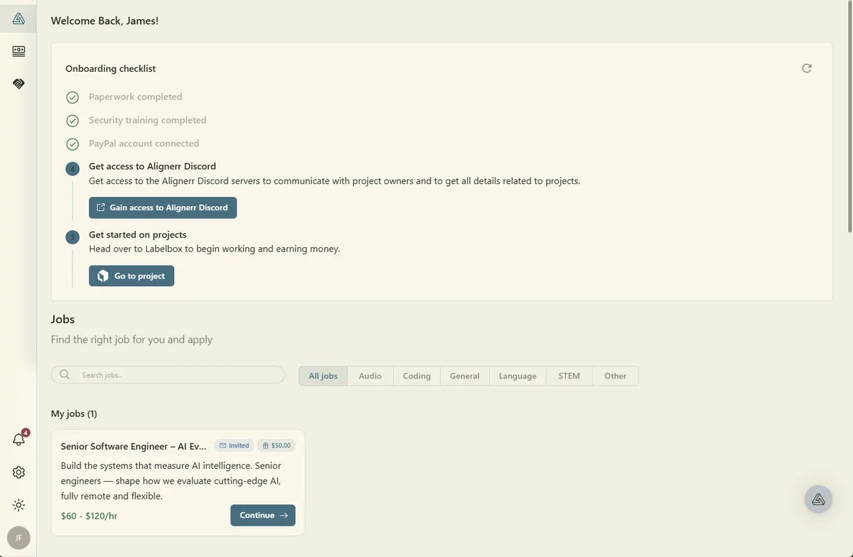 Alignerr dashboard showing a completed onboarding checklist and an invited job, Senior Software Engineer AI Evaluation, listing 60 to 120 dollars per hour