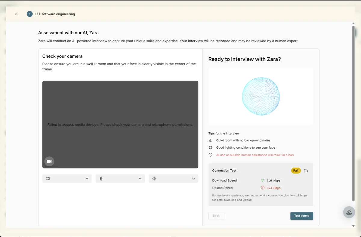 Alignerr assessment screen for an L3 plus software engineering role, showing the Zara AI interview setup with camera check, connection test and a warning that AI use or outside human assistance will result in a ban