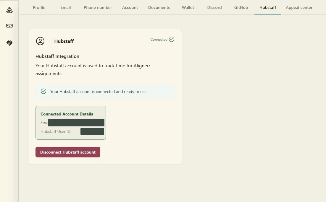 Alignerr settings page showing a connected Hubstaff integration used to track time for Alignerr assignments, with tabs including Wallet, Discord, GitHub and Appeal center