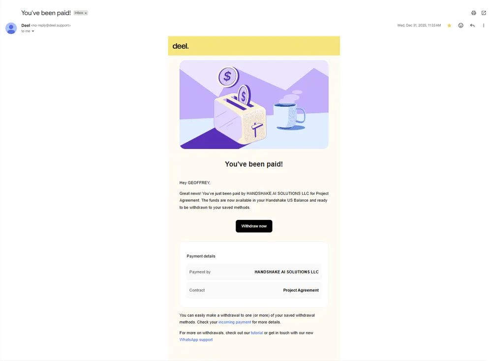 Deel email confirming a Handshake AI payout, showing payment by Handshake AI Solutions LLC to a Handshake US Balance