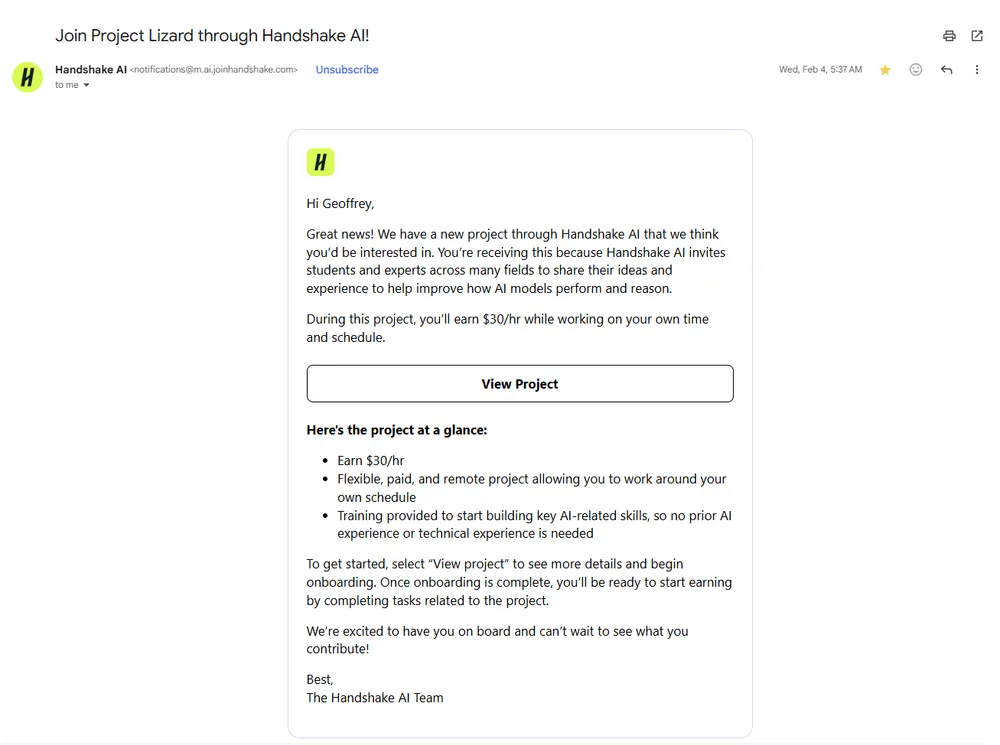 Handshake AI email inviting a contributor to Project Lizard at 30 dollars per hour with no prior AI experience needed