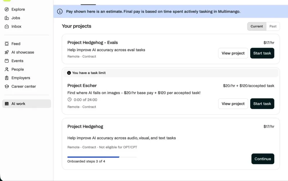 Handshake AI projects list showing Project Hedgehog at 17 dollars per hour and Project Escher at 20 dollars per hour plus 120 dollars per accepted task, with a task limit notice