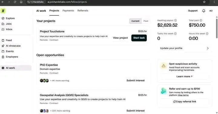 Handshake AI fellow dashboard listing Project Touchstone at 125 dollars per hour and a Geospatial Analysis QGIS specialist opening at 125 dollars per hour, alongside an awaiting payout balance