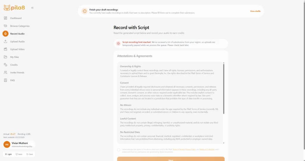 Pila8 Record Audio page showing script and attestation agreements