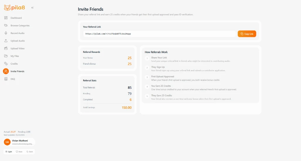 Pila8 Invite Friends page showing referral stats and reward structure
