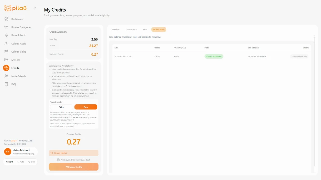 Pila8 withdrawal page showing completed $25.60 payout