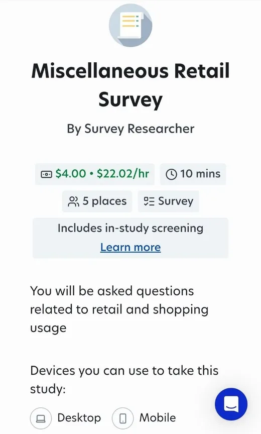A Prolific study listing for a Miscellaneous Retail Survey paying 4 dollars for 10 minutes, an hourly rate of 22.02 dollars, with 5 places available