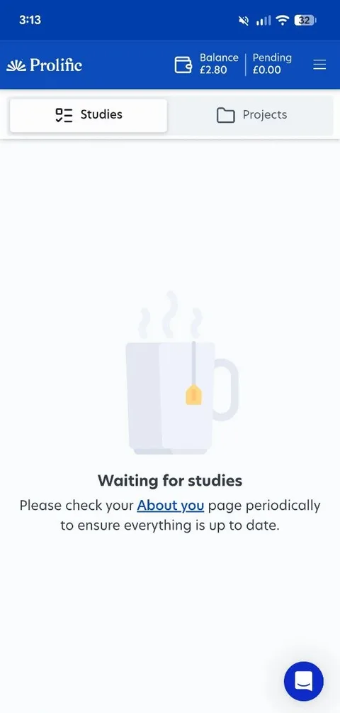 A Prolific participant dashboard showing an empty studies list with the message Waiting for studies and a balance of 2 pounds 80