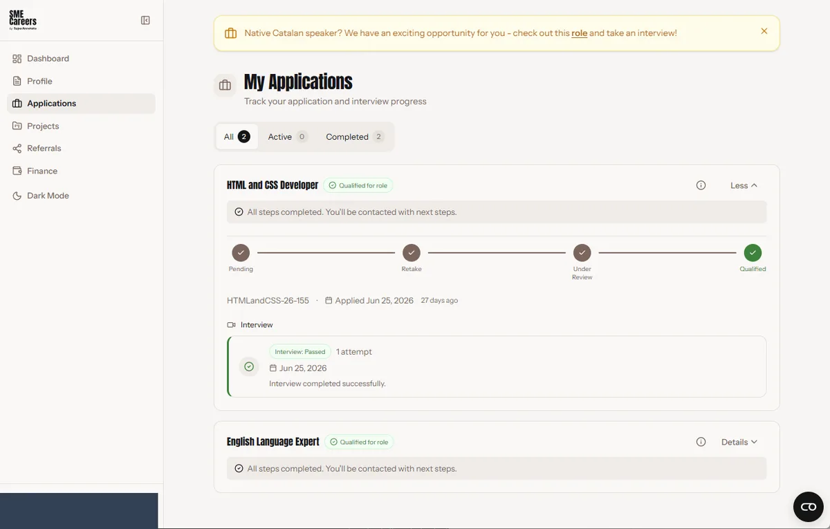 SME Careers applications page showing two applications marked Qualified for role, with a progress tracker through Pending, Retake, Under Review and Qualified, and an Interview Passed badge on the first attempt