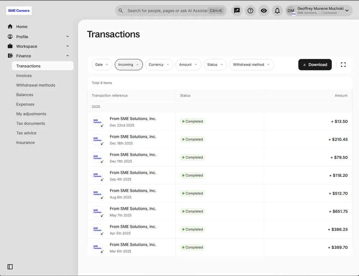 Deel transactions page showing eight completed incoming payments from SME Solutions Inc during 2025, including 651.75, 512.70, 389.70 and 386.25 dollars, all marked Completed
