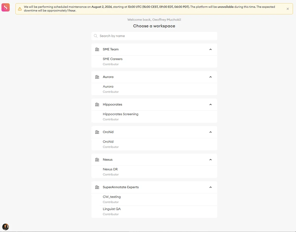 SuperAnnotate workspace chooser listing SME Team, Aurora, Hippocrates, Orchid, Nexus and SuperAnnotate Experts workspaces, each with a Contributor role