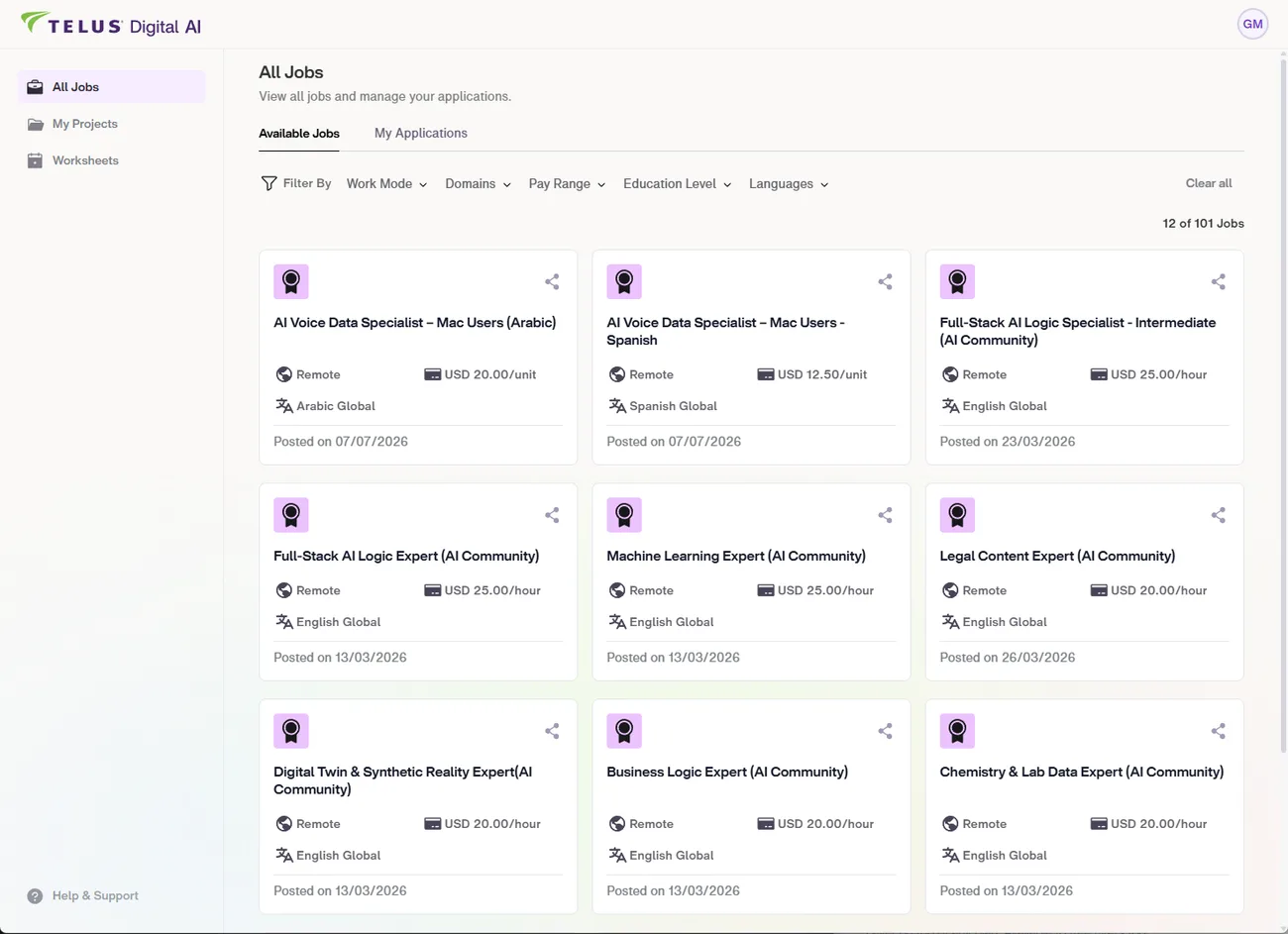 TELUS Digital AI Community job board showing 101 open jobs, including expert roles such as Full-Stack AI Logic Expert, Machine Learning Expert, and Legal Content Expert at USD 25.00 and 20.00 per hour, English Global, plus AI Voice Data Specialist roles paid per unit