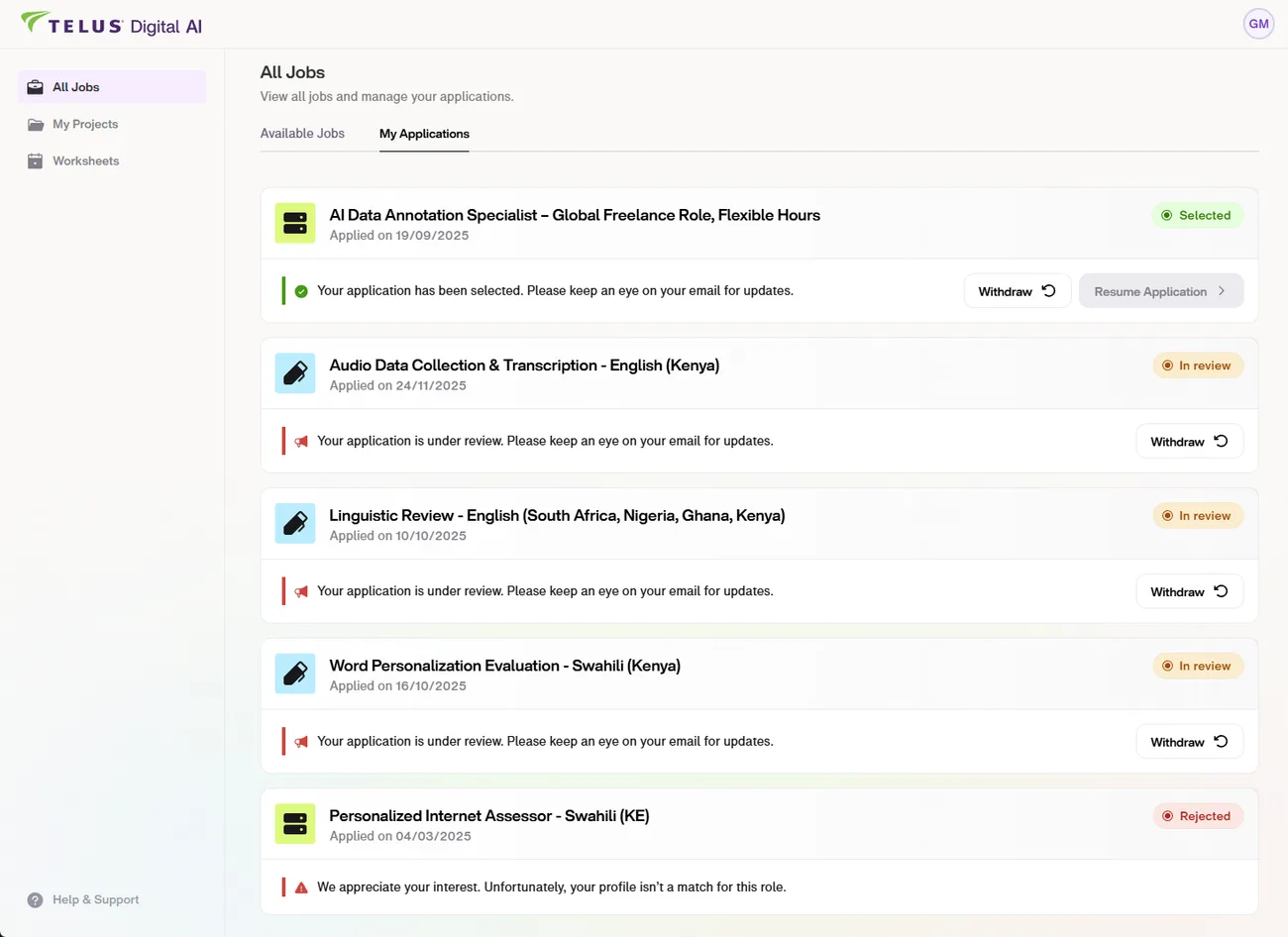 TELUS Digital AI My Applications tab showing a mix of statuses: an AI Data Annotation Specialist role selected, an Audio Data Collection and a Linguistic Review role under review, and a Personalized Internet Assessor role rejected