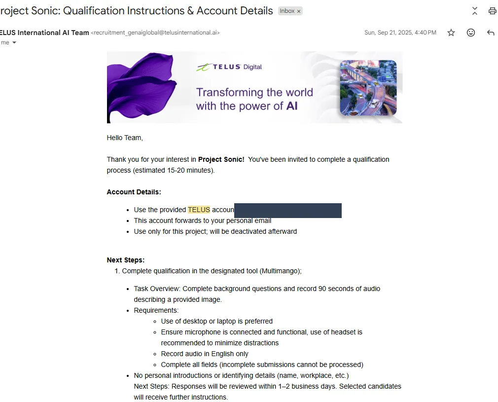 TELUS Project Sonic qualification email: complete a 15 to 20 minute qualification in the Multimango tool, recording 90 seconds of audio describing an image, reviewed within 1 to 2 business days