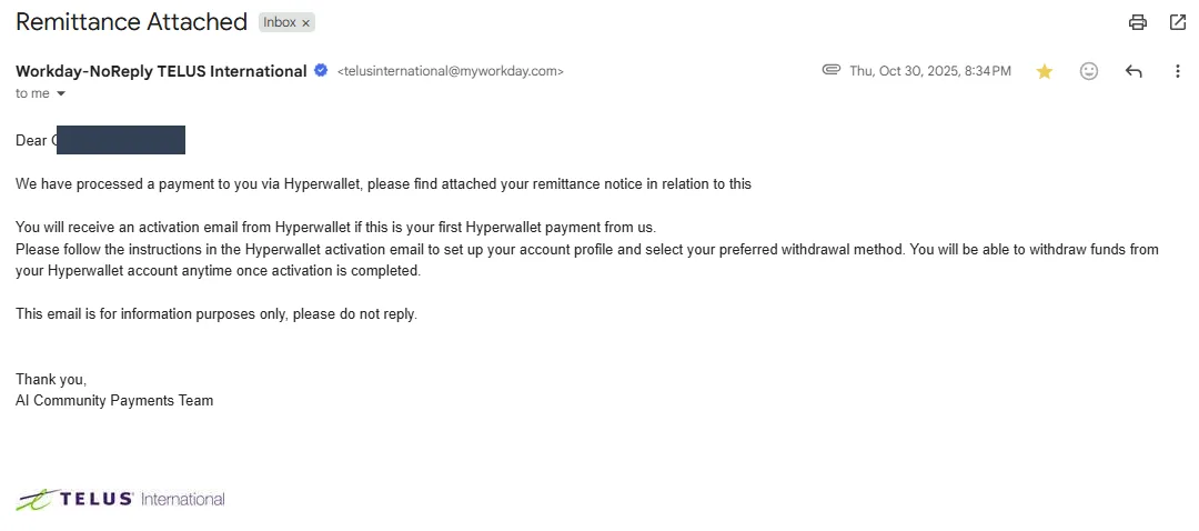 TELUS International remittance email confirming a payment processed via Hyperwallet with instructions to activate a Hyperwallet account and choose a withdrawal method