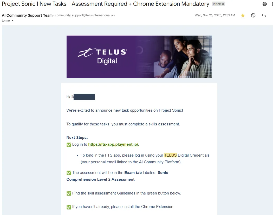 TELUS Project Sonic new-tasks email requiring a Sonic Comprehension Level 2 skills assessment in a Playment FTS app plus a mandatory Chrome extension