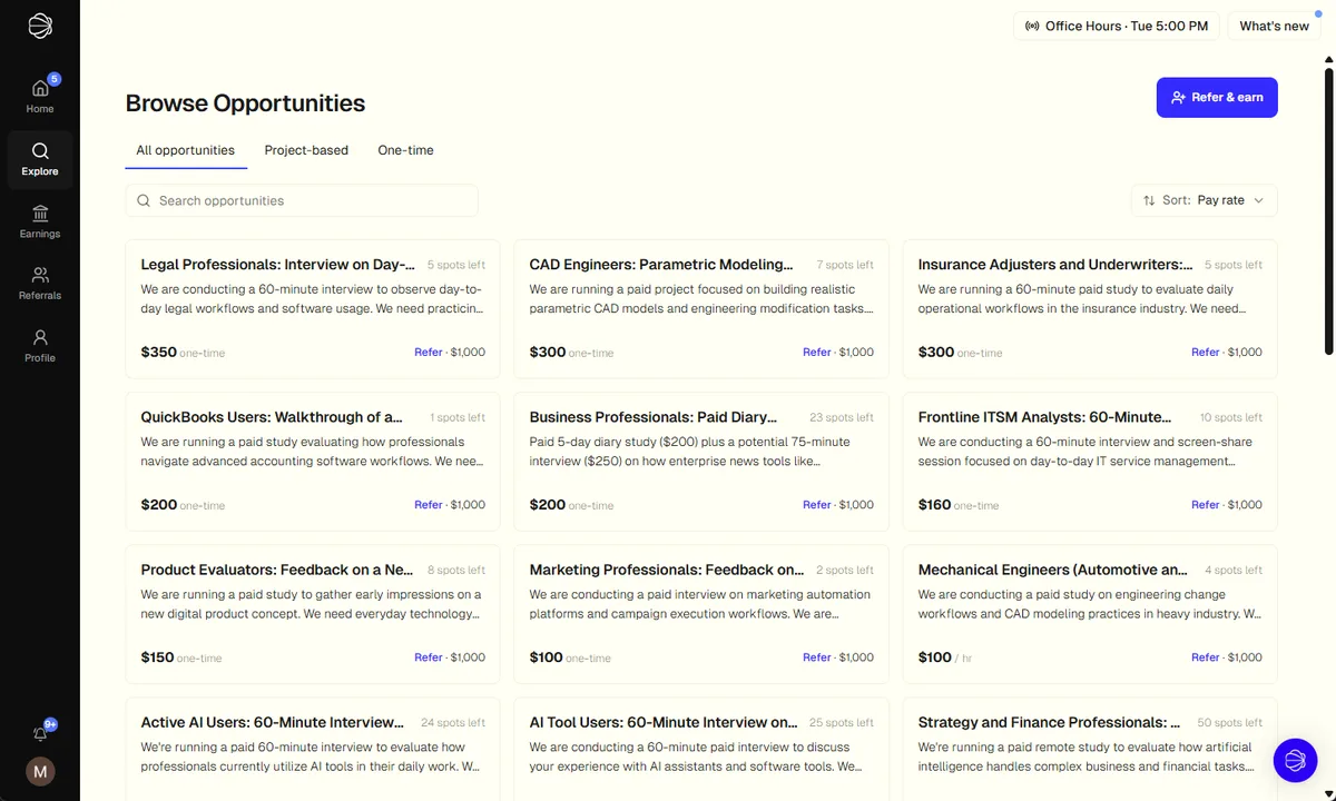 Terac Browse Opportunities board showing paid studies for legal professionals at 350 dollars, CAD engineers at 300 dollars, insurance adjusters at 300 dollars, QuickBooks users at 200 dollars and others, each with a 1,000 dollar referral bonus and spots-left counts