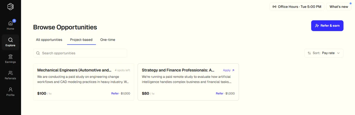 Terac project-based tab showing two hourly opportunities, mechanical engineers at 100 dollars per hour and strategy and finance professionals at 80 dollars per hour