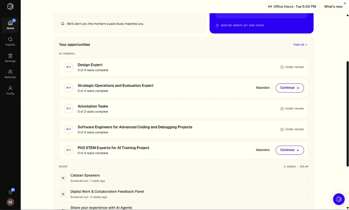 Terac my-opportunities page showing five in-progress engagements at zero of four tasks complete marked under review, and a recent list showing studies marked screened out, with a total of 6 studies and 20 dollars