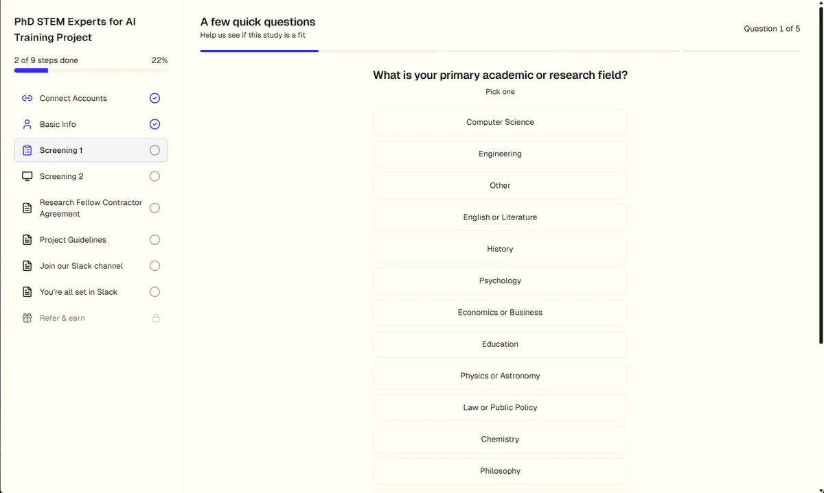 Terac study onboarding for a PhD STEM Experts AI training project showing nine steps including connect accounts, basic info, screening one and two, research fellow contractor agreement, project guidelines and joining Slack, alongside a screening question asking for primary academic field