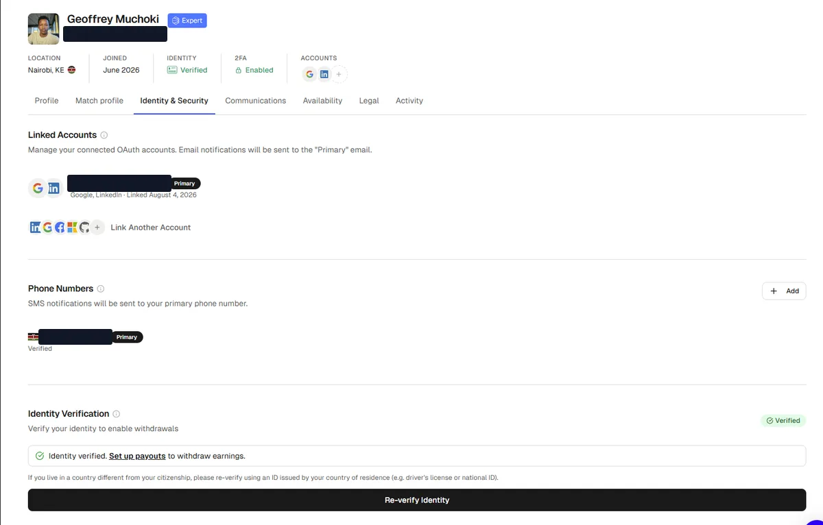 Terac identity and security page for an account located in Nairobi, Kenya, joined June 2026, showing identity verified, two-factor authentication enabled, a verified Kenyan phone number, and a notice that identity is verified so payouts can be set up