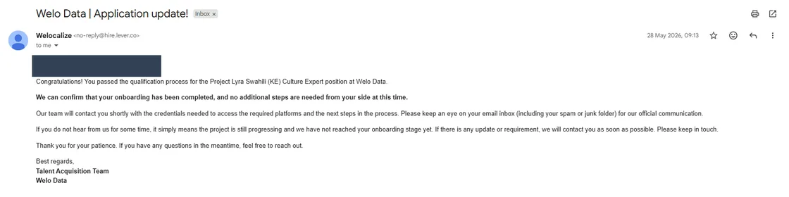 Welo Data email confirming the reader passed the qualification process for the Project Lyra Swahili (KE) Culture Expert position, sent by Welocalize via hire.lever.co
