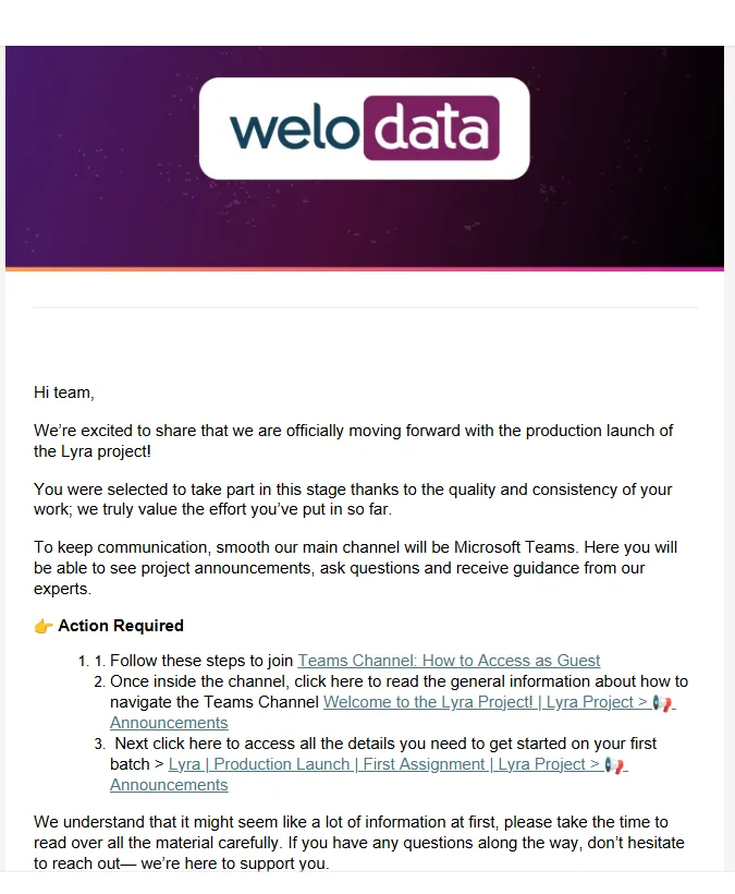 Welo Data production launch email for the Lyra project, moving communication to Microsoft Teams with links to join the Teams channel as a guest and access the first assignment
