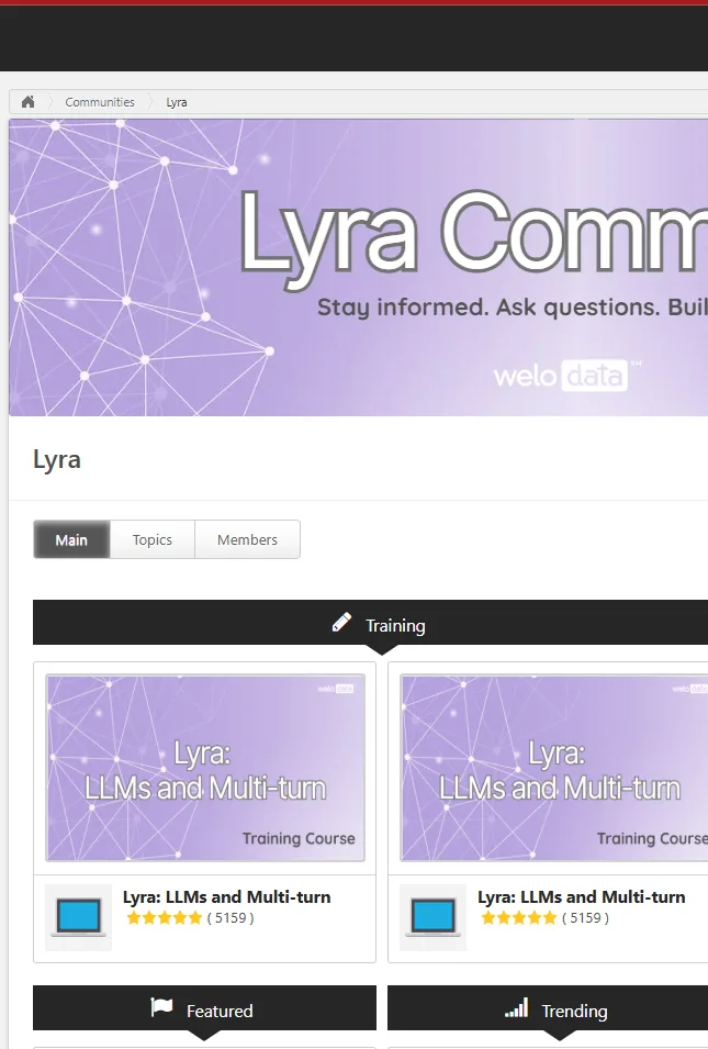 The WeLearn Lyra Community page inside Welo Data, showing training courses such as Lyra: LLMs and Multi-turn Training Course with a 5-star rating