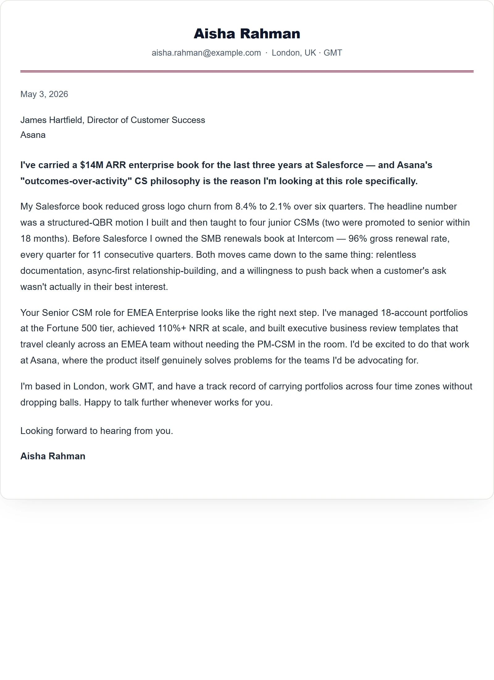 Classic cover letter template — Customer Success Manager (sample)