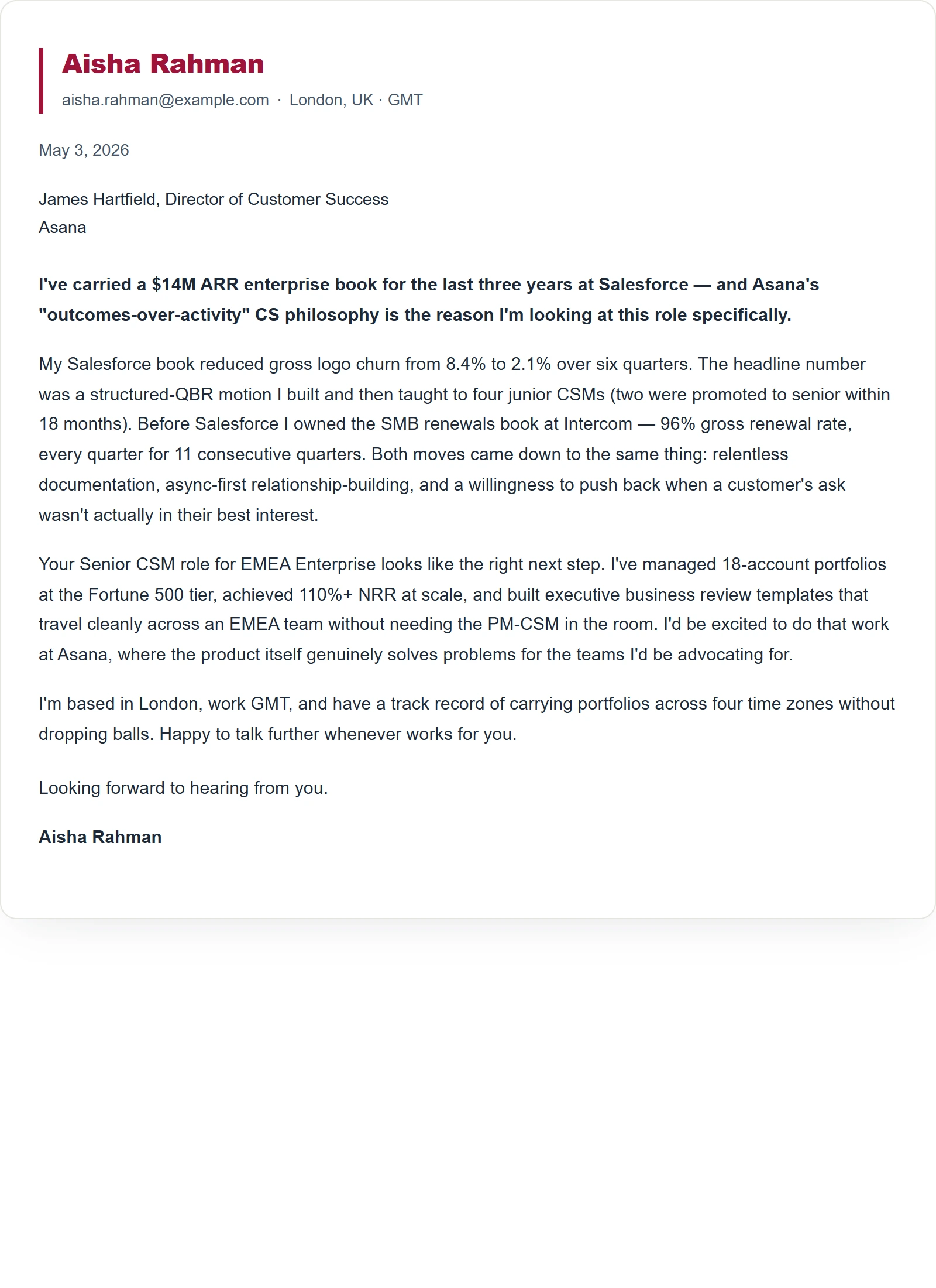 Creative cover letter template — Customer Success Manager (sample)