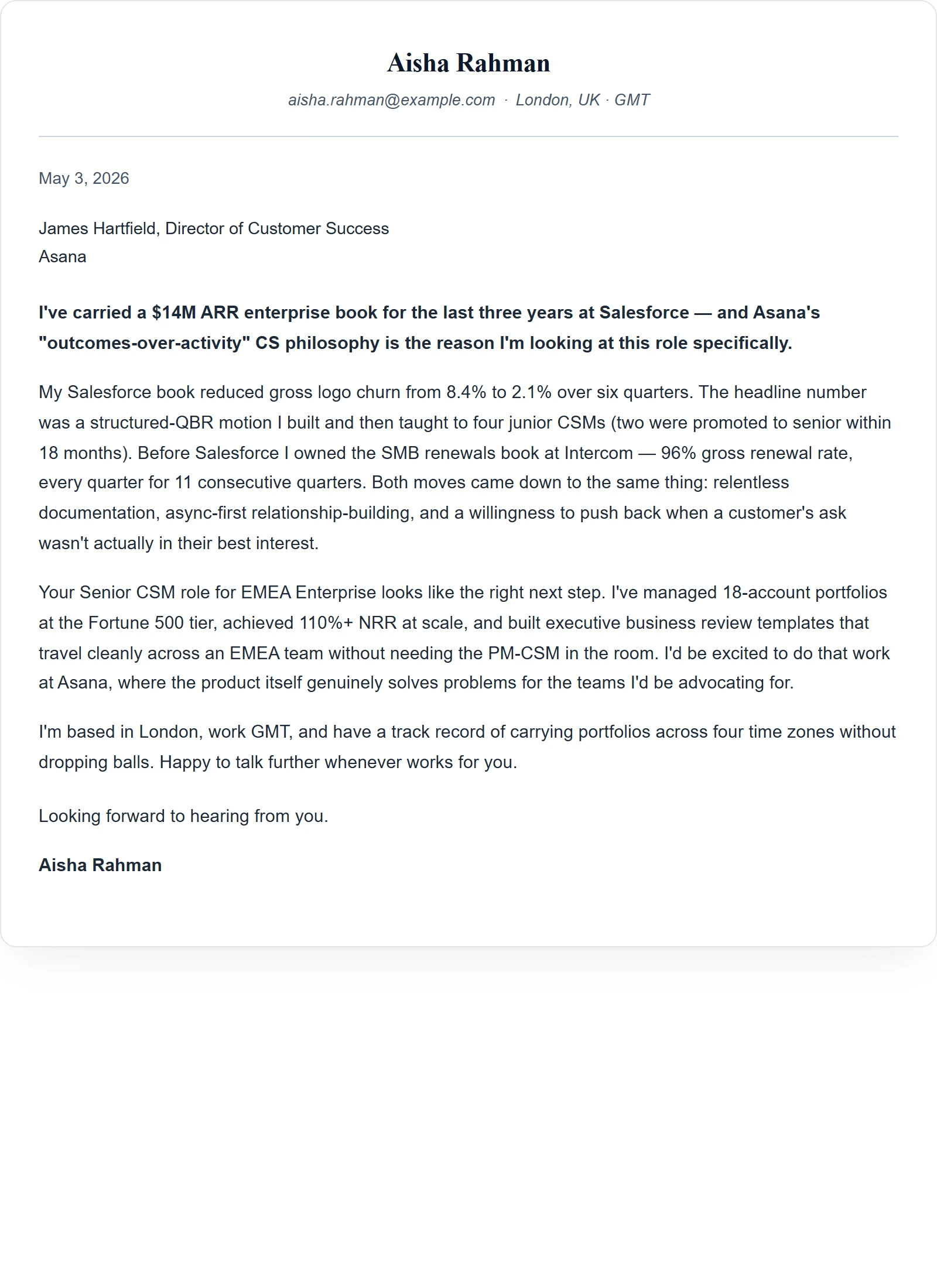 Customer Success Manager cover letter — Harvard template (sample)