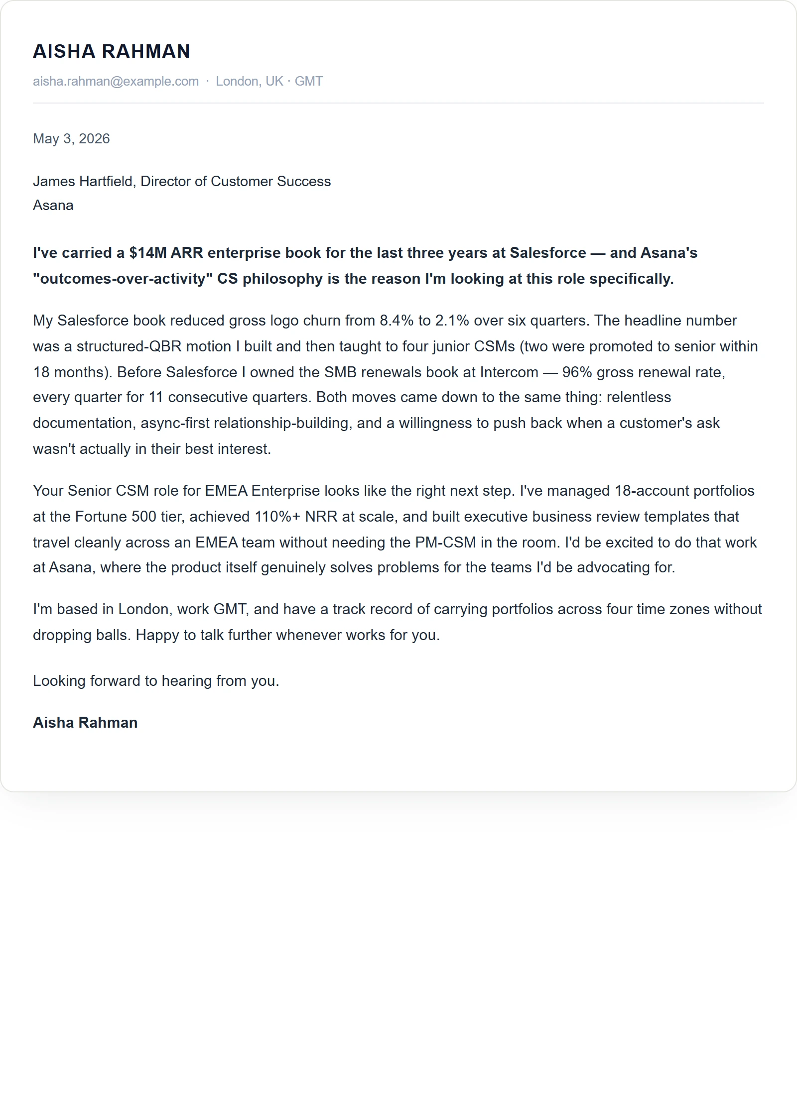 Minimal cover letter template — Customer Success Manager (sample)