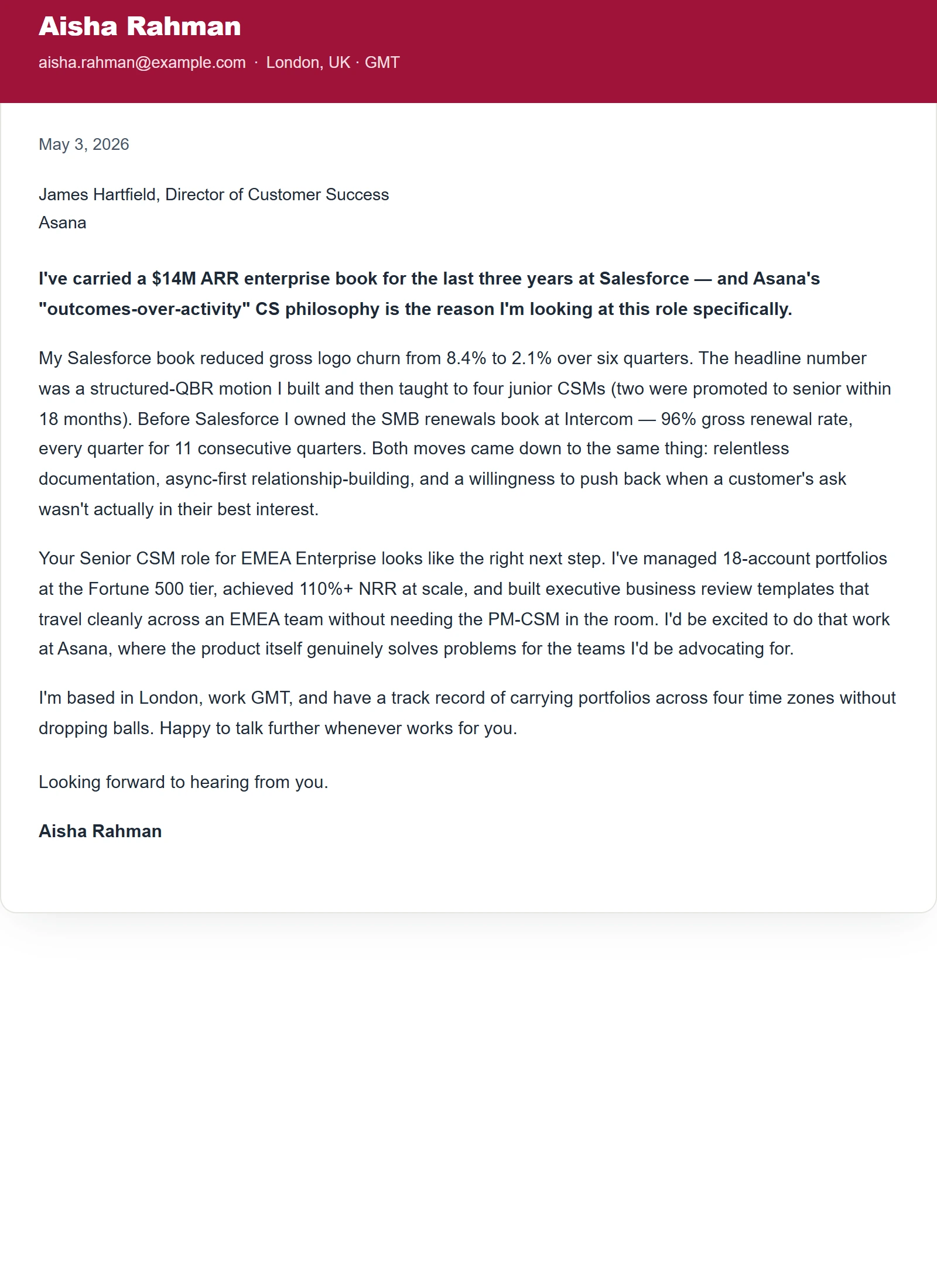 Modern cover letter template — Customer Success Manager (sample)