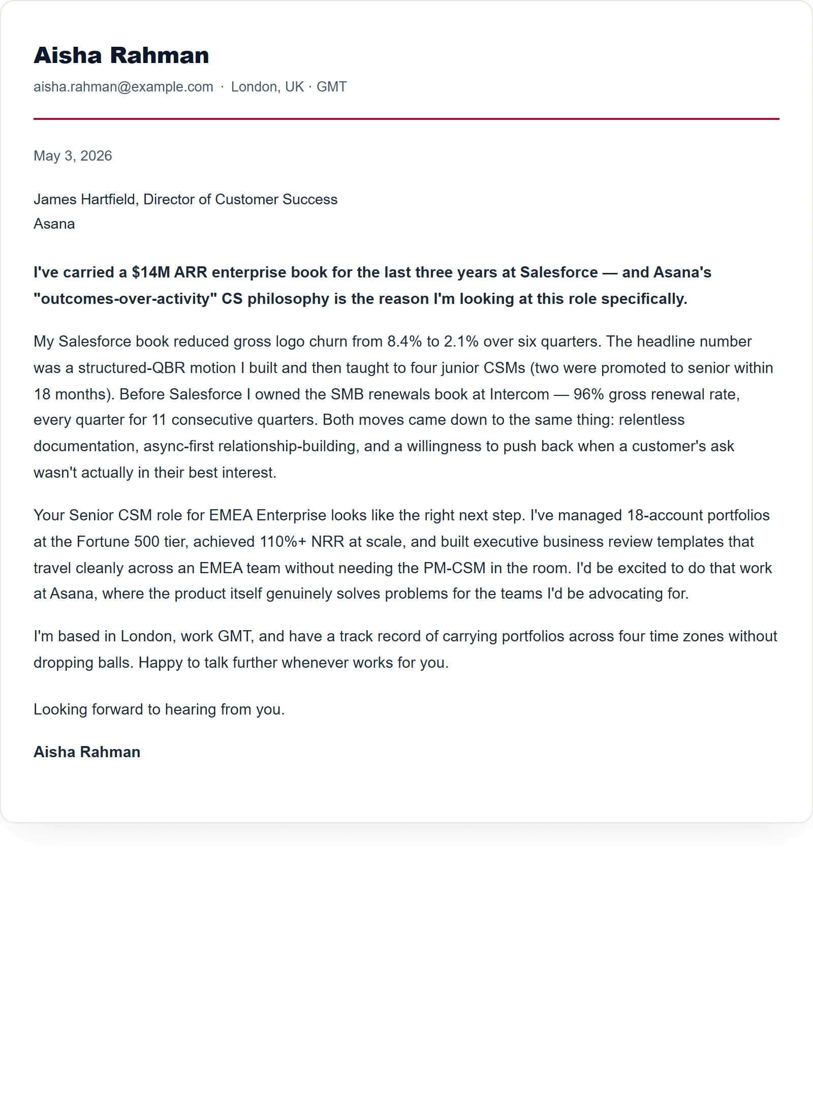 Simple cover letter template — Customer Success Manager (sample)