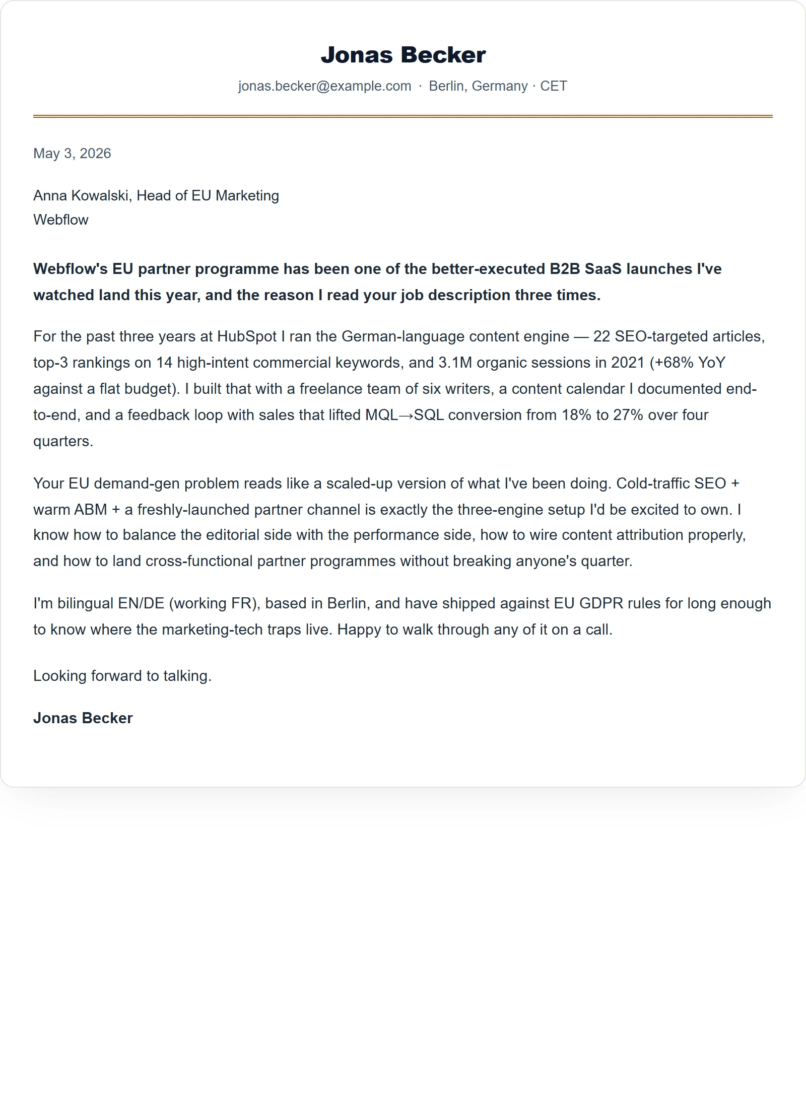 Classic cover letter template — Marketing Manager (sample)