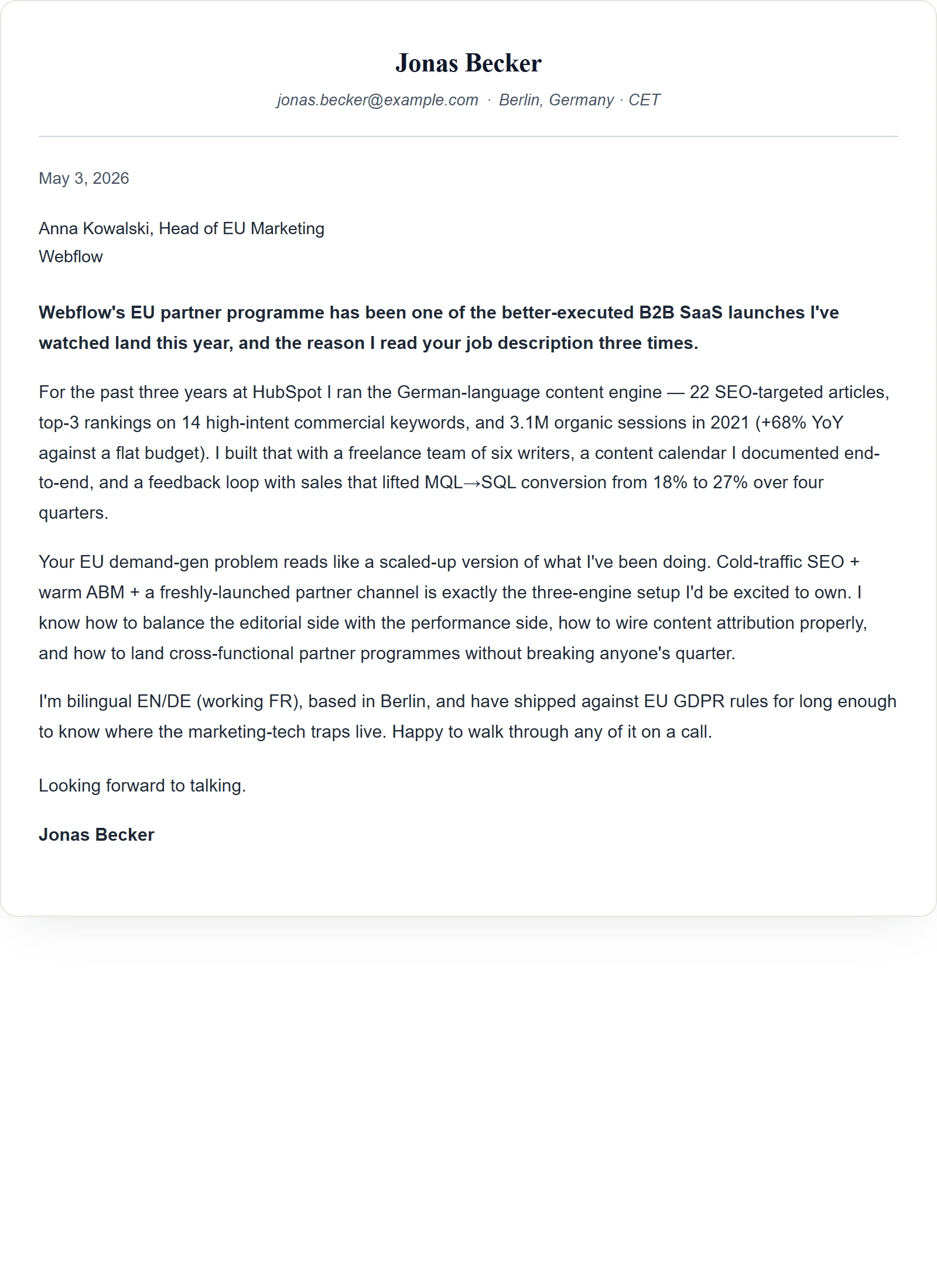 Marketing Manager cover letter — Harvard template (sample)
