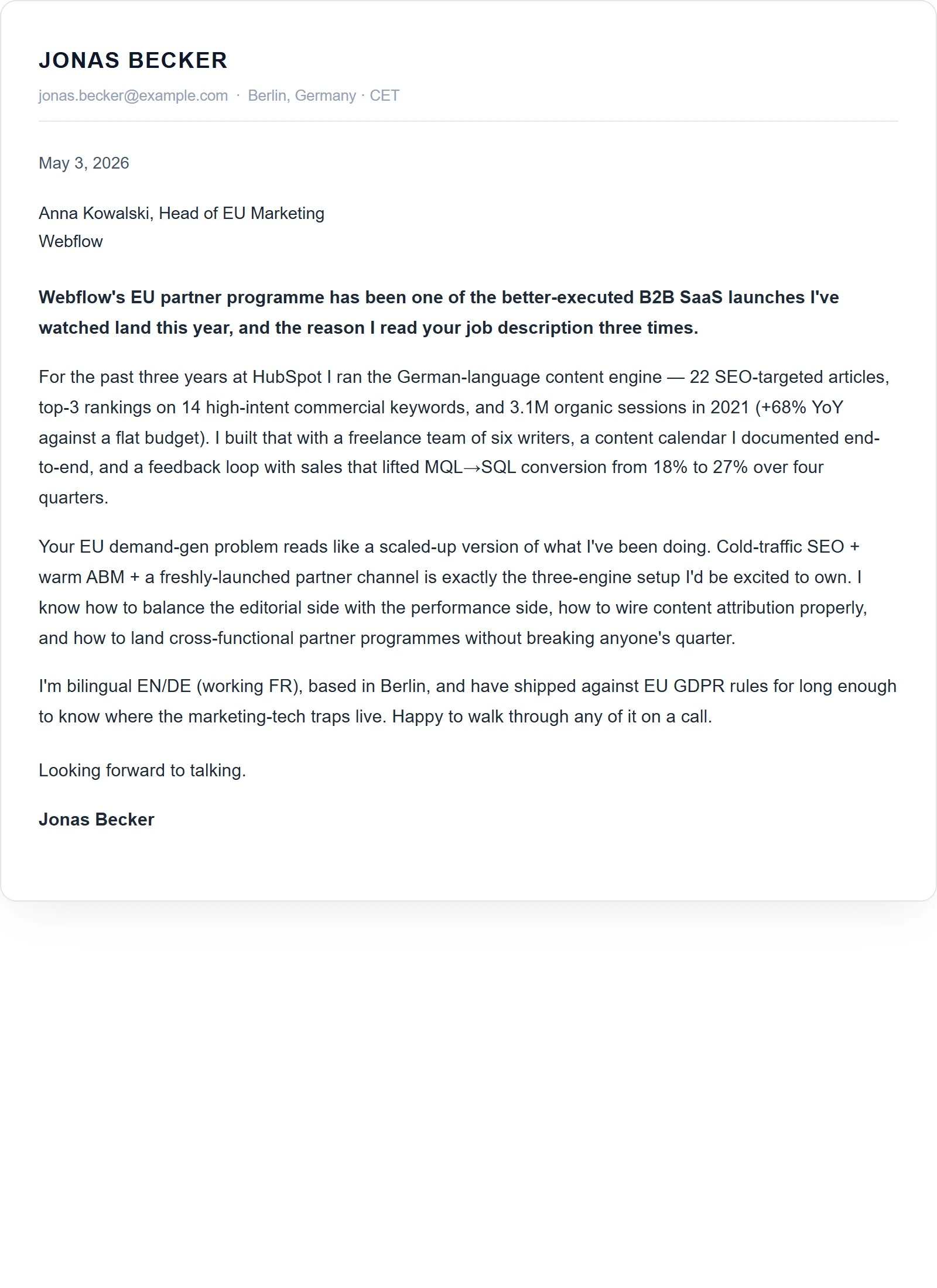 Minimal cover letter template — Marketing Manager (sample)