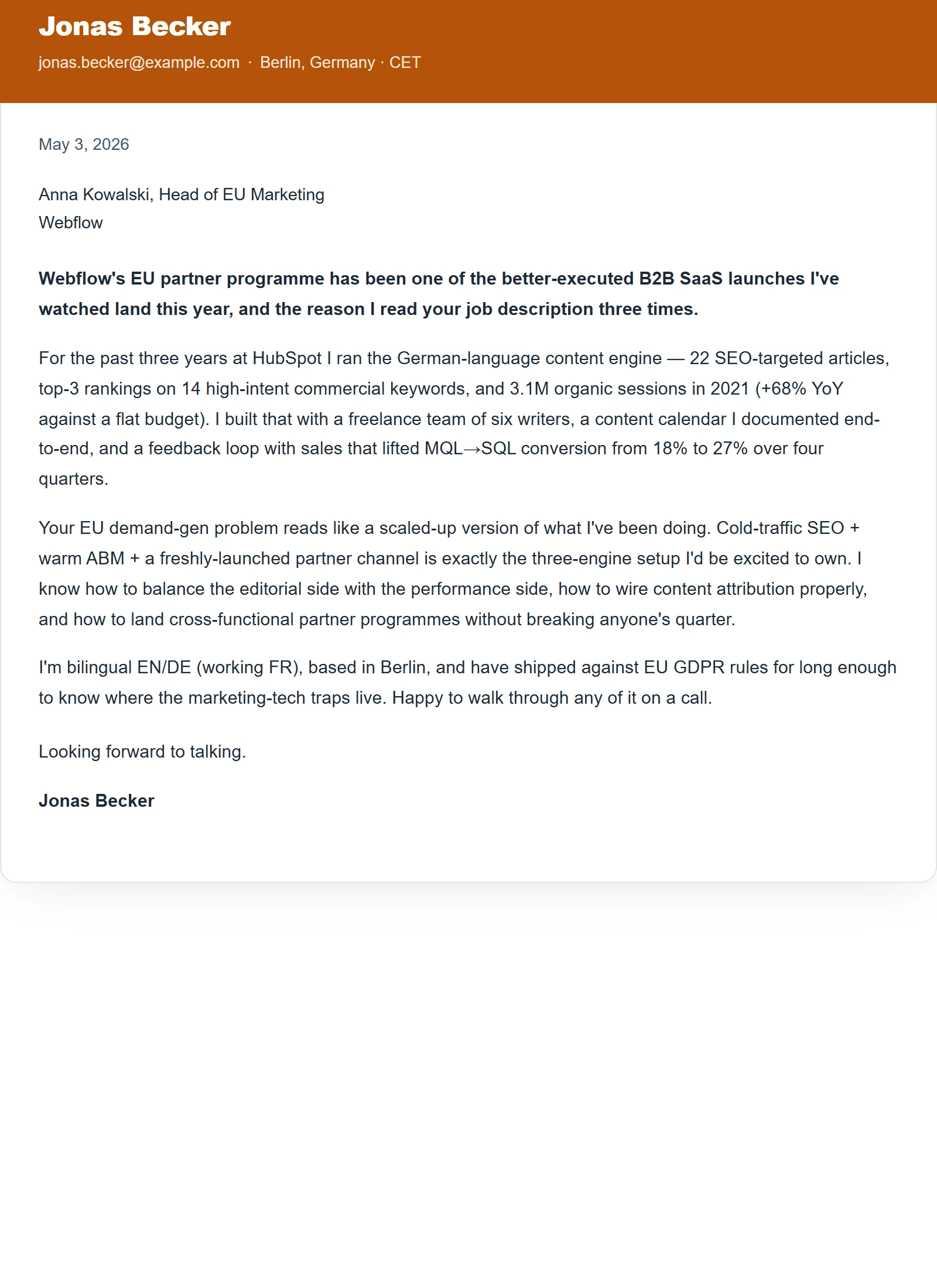 Modern cover letter template — Marketing Manager (sample)