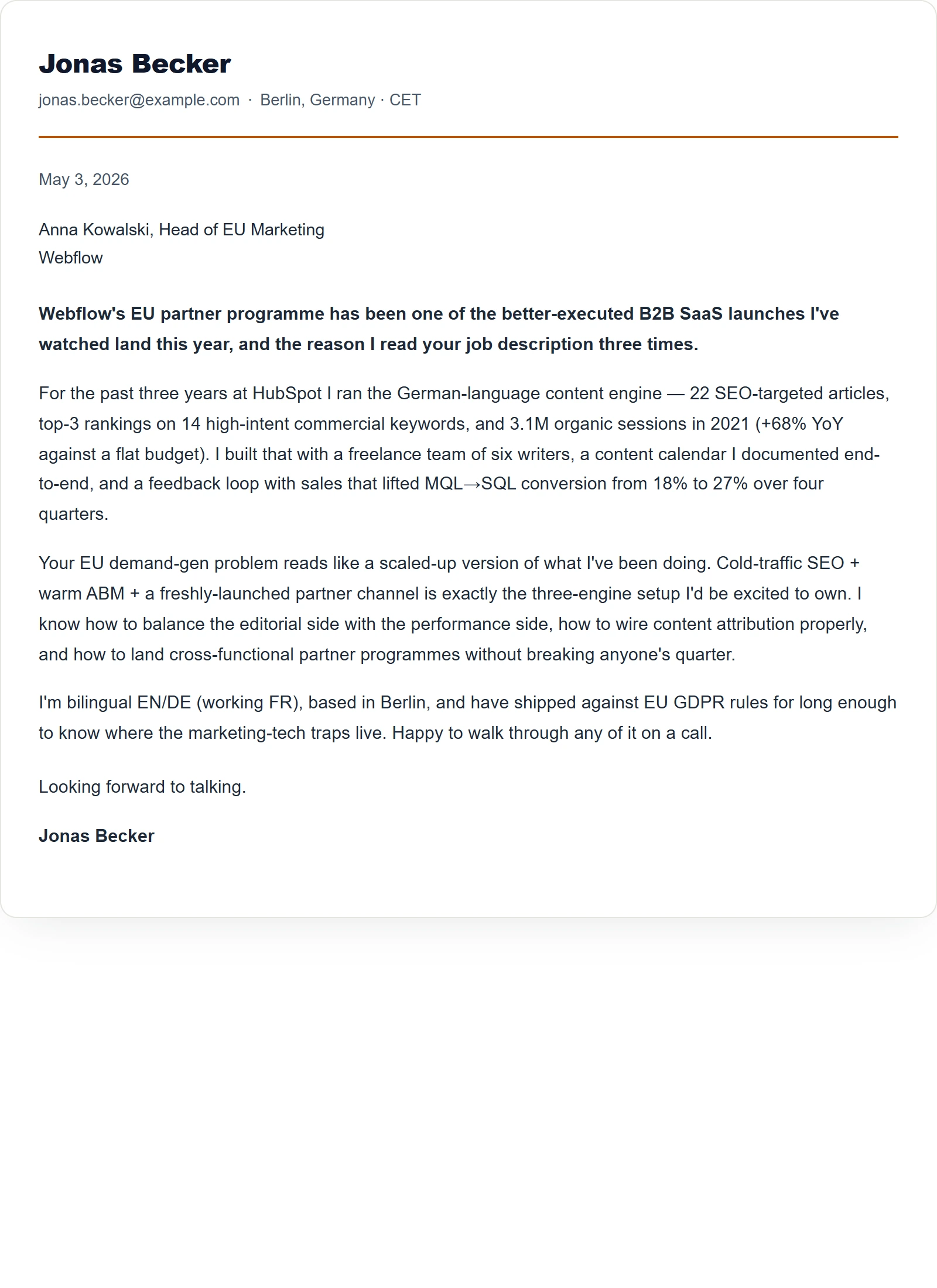 Simple cover letter template — Marketing Manager (sample)