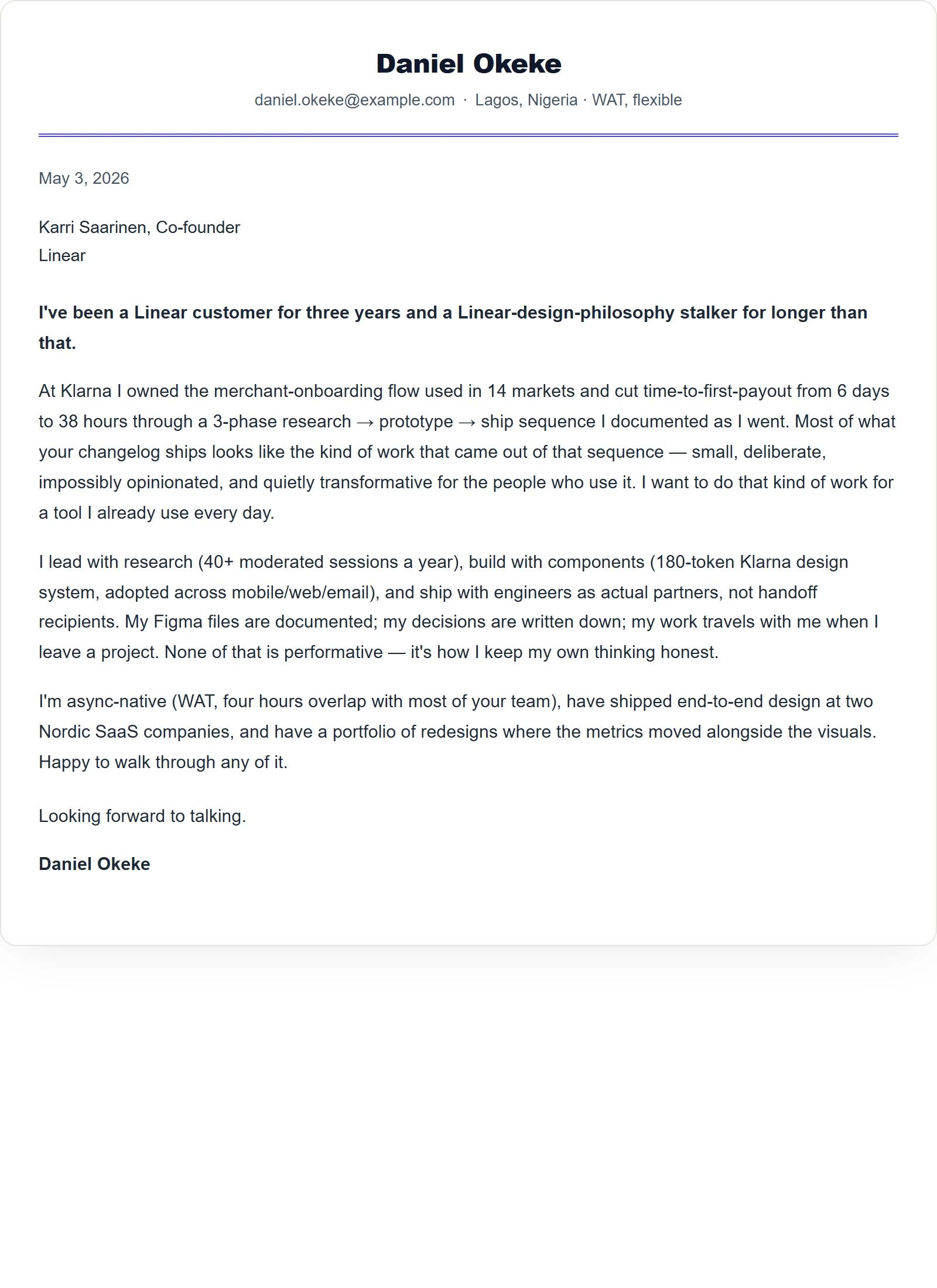 Classic cover letter template — Product Designer (sample)