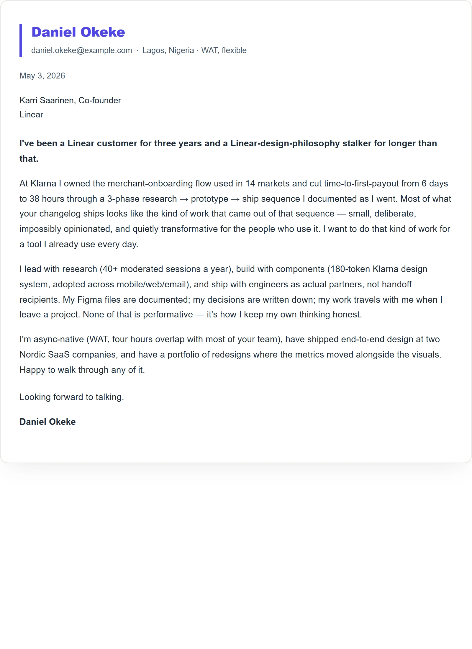 Creative cover letter template — Product Designer (sample)