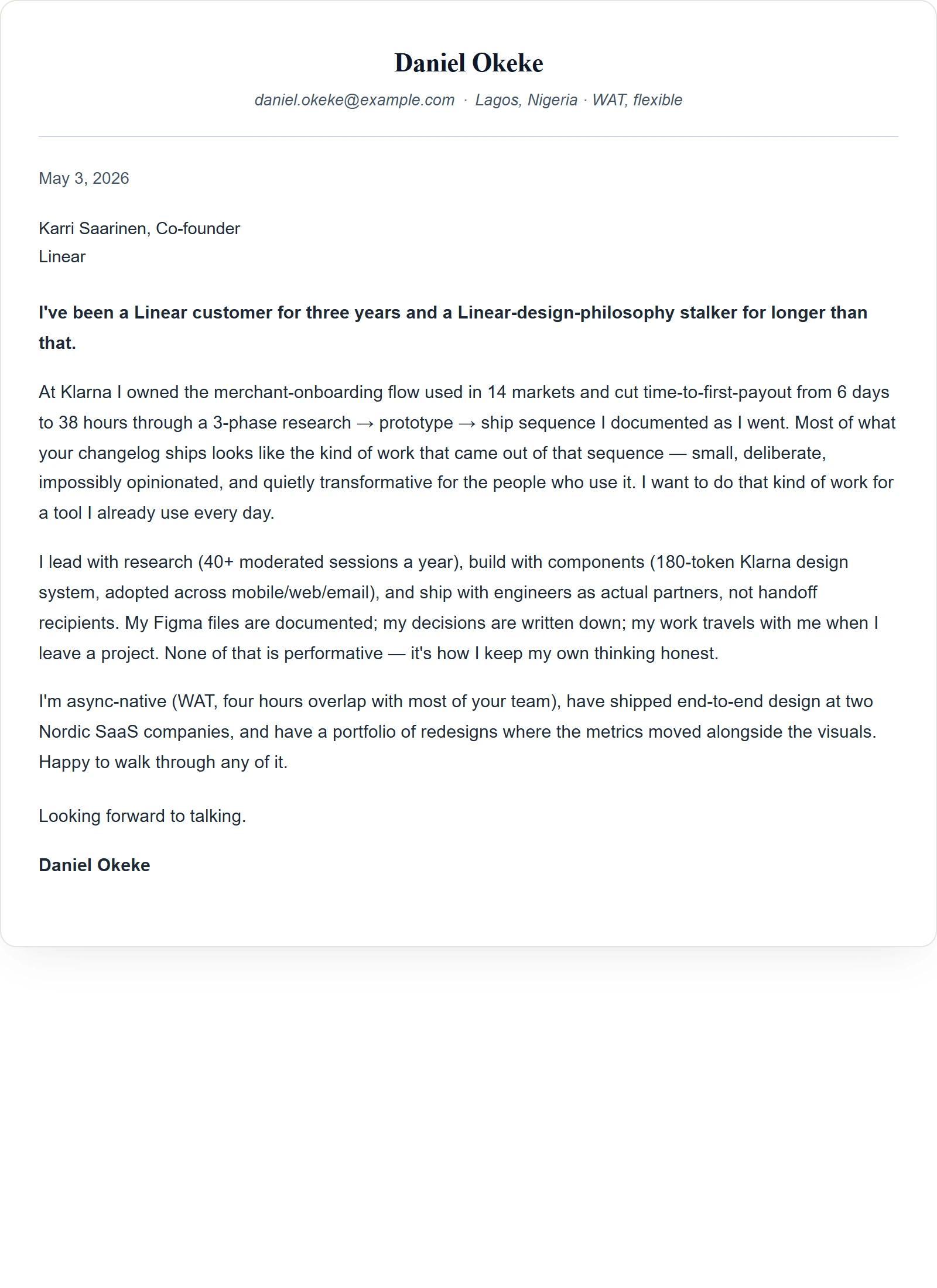 Product Designer cover letter — Harvard template (sample)
