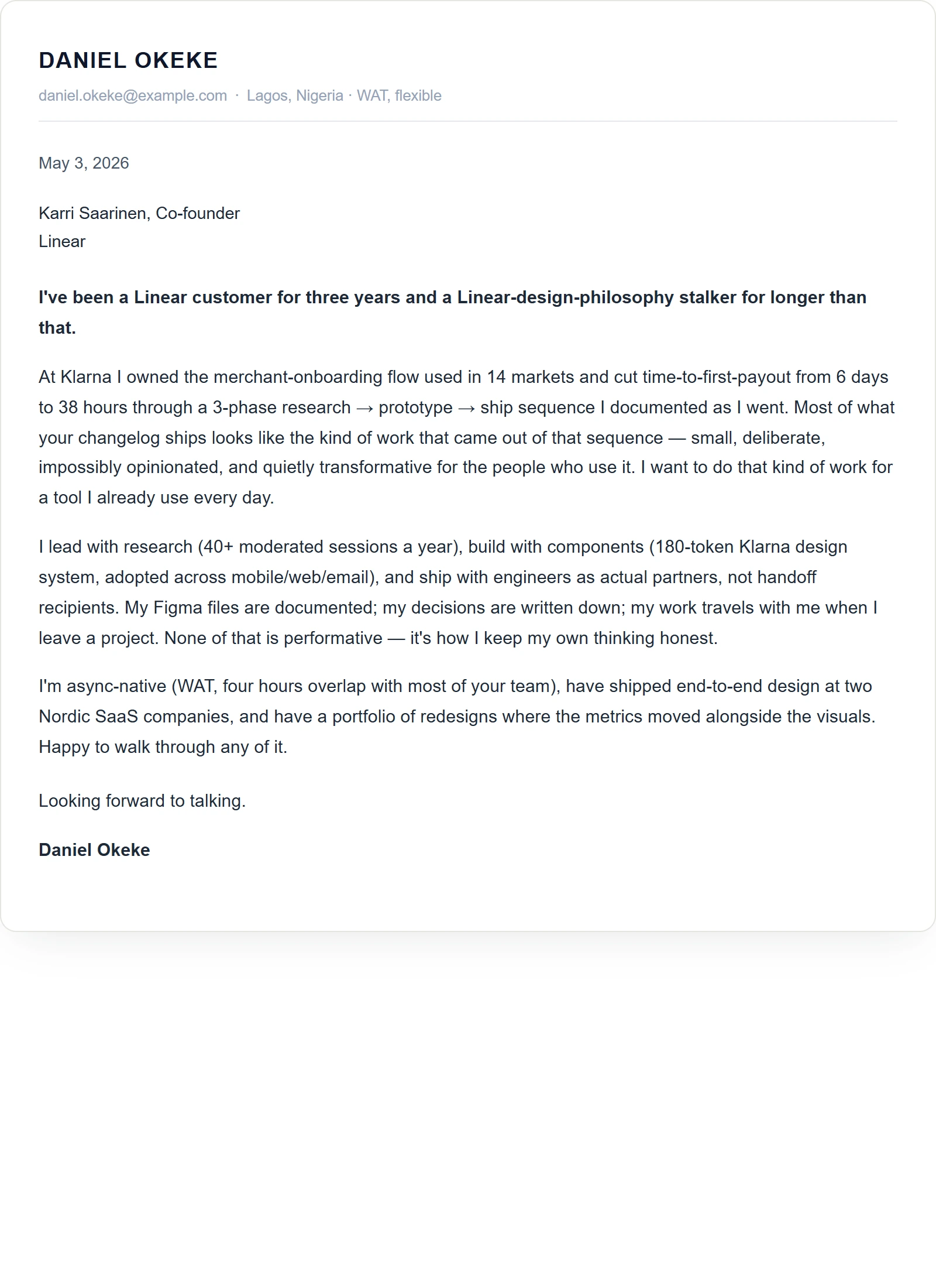 Minimal cover letter template — Product Designer (sample)