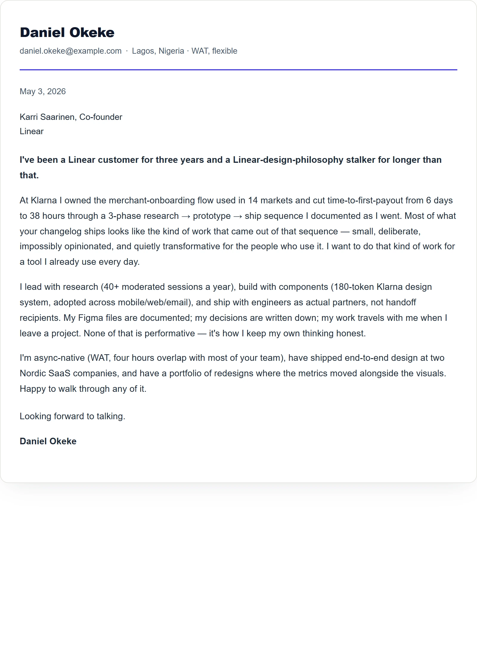 Simple cover letter template — Product Designer (sample)