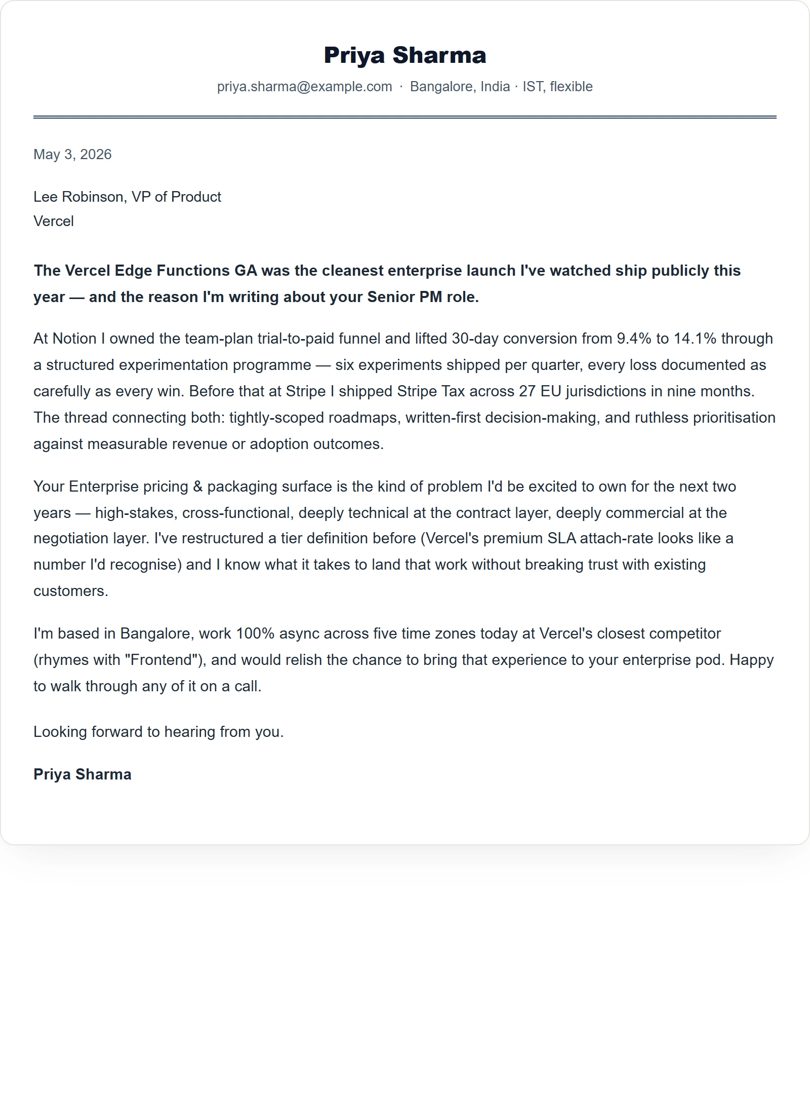 Classic cover letter template — Product Manager (sample)