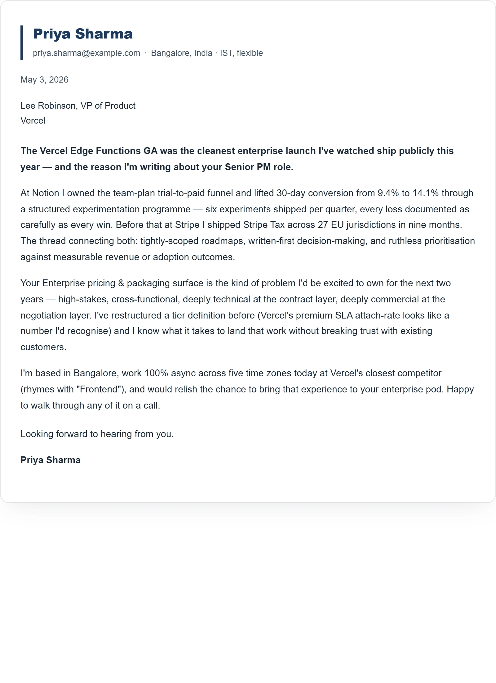 Creative cover letter template — Product Manager (sample)