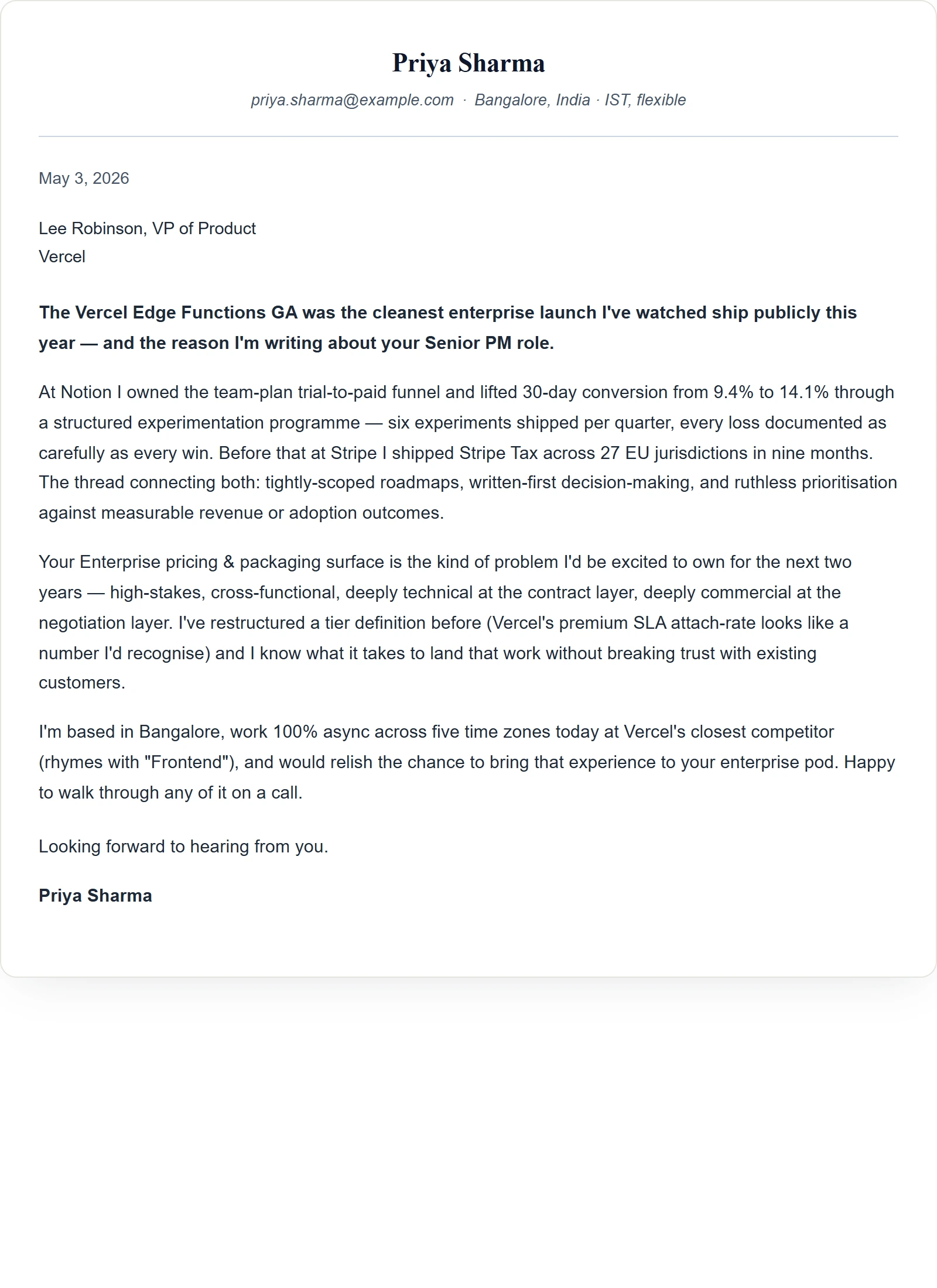 Product Manager cover letter — Harvard template (sample)