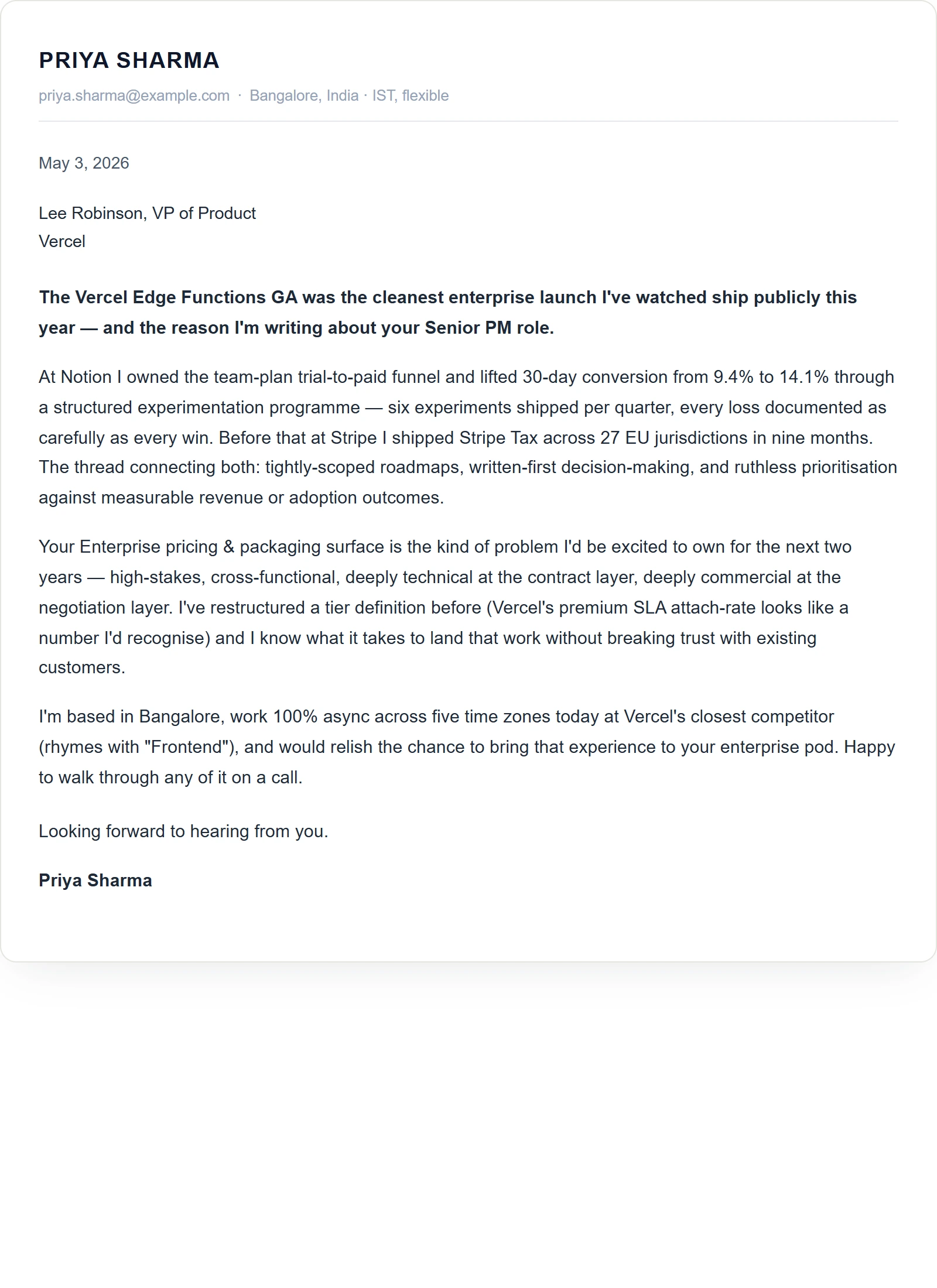 Minimal cover letter template — Product Manager (sample)